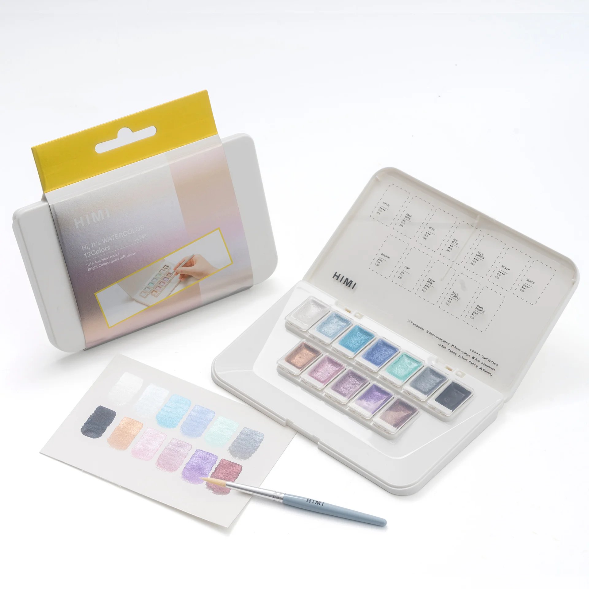 Набор акварельных красок HIMI "Металлик", 12 цветов, оттенки SILVER